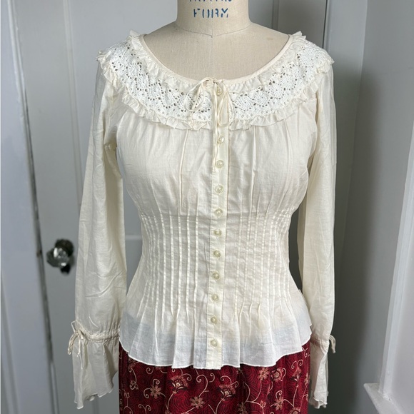 Vintage Late 90s/Y2K DKNY Jeans Cotton Crochet Peasant Blouse - Picture 2 of 15